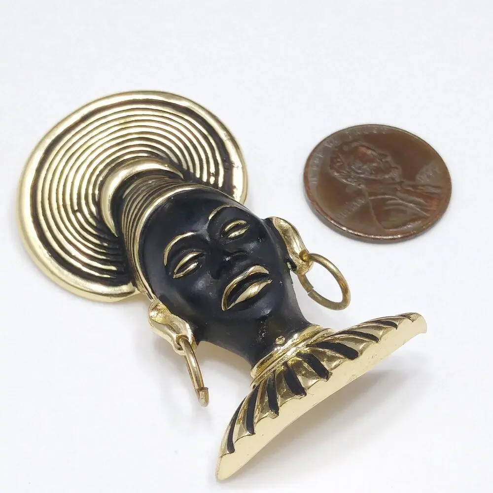 Vintage Art Deco Tribal Queen Black Enamel Gold Tone Brooch - Picture 7 of 10
